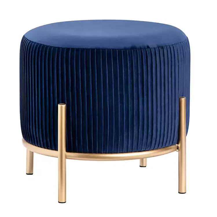Benches & Ottomans-Kirklands Home Navy Velvet Upholstered Round Ottoman Blue