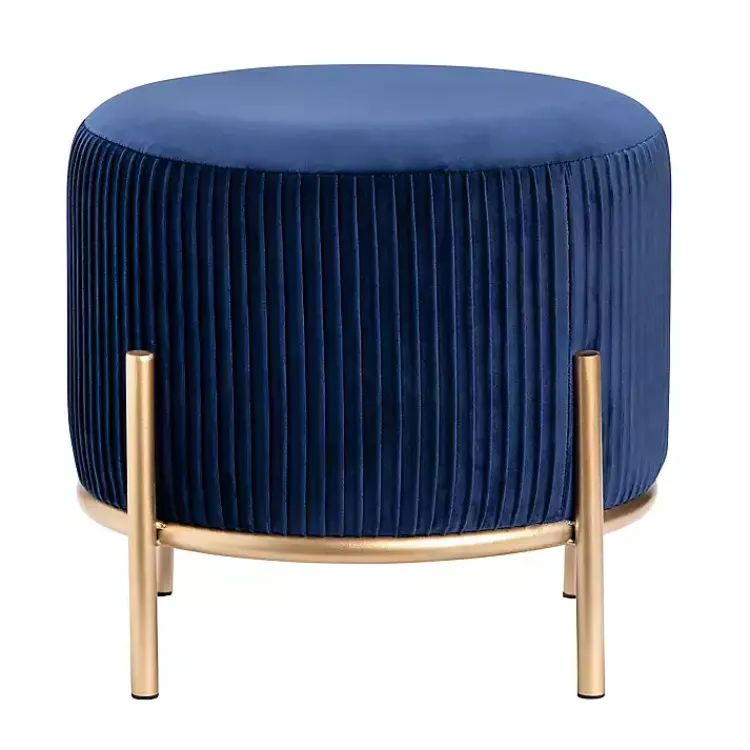 Benches & Ottomans-Kirklands Home Navy Velvet Upholstered Round Ottoman Blue