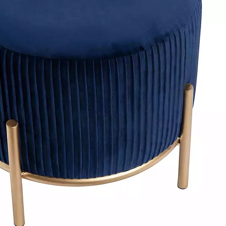 Benches & Ottomans-Kirklands Home Navy Velvet Upholstered Round Ottoman Blue