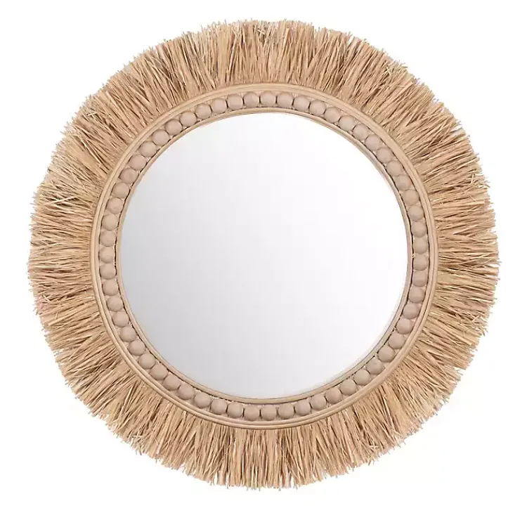 Decorative Mirrors-Kirklands Home Round Natural Rattan Beaded Wall Mirror