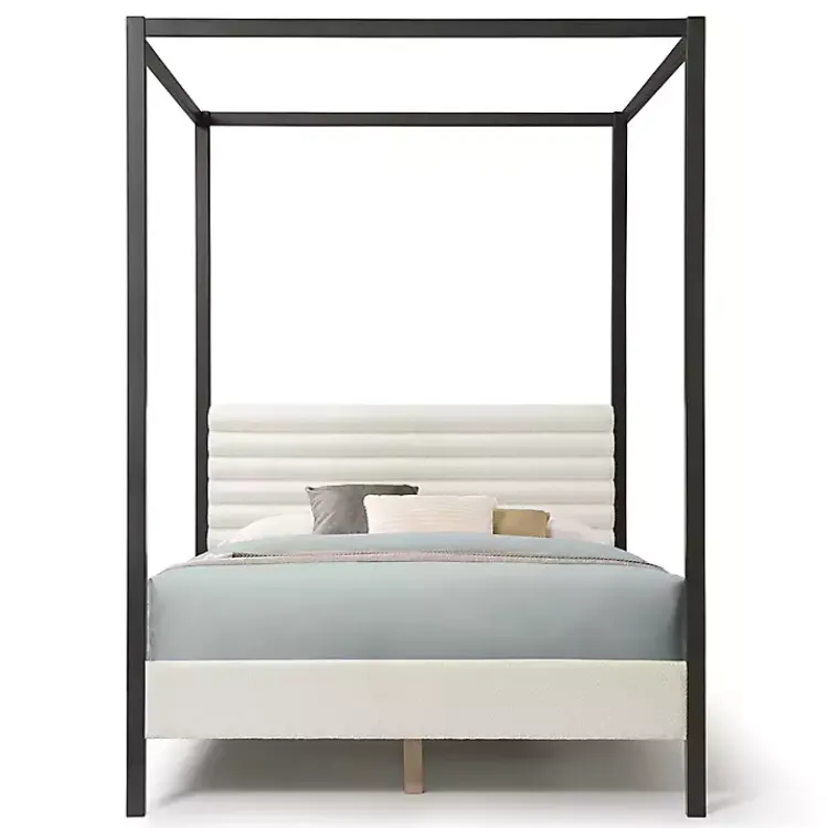 Beds & Headboards-Kirklands Home White Boucle Upholstered Black Canopy Queen Bed