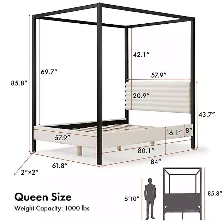 Beds & Headboards-Kirklands Home White Boucle Upholstered Black Canopy Queen Bed