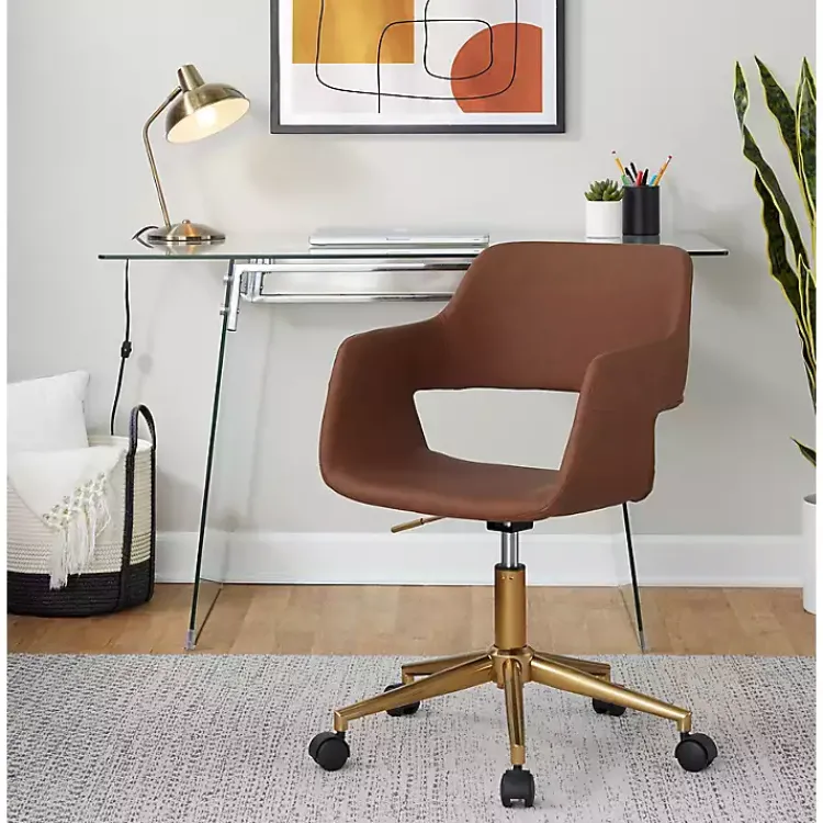 Office Furniture-Kirklands Home Faux Leather & Gold Marshall Office Chair Brown
