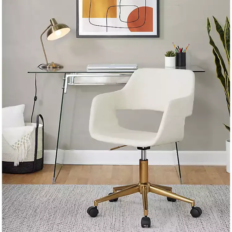 Office Furniture-Kirklands Home Cream Faux Leather & Gold Marshall Office Chair White