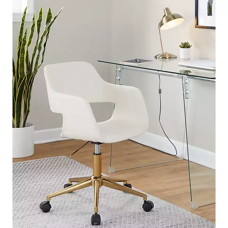 Office Furniture-Kirklands Home Cream Faux Leather & Gold Marshall Office Chair White
