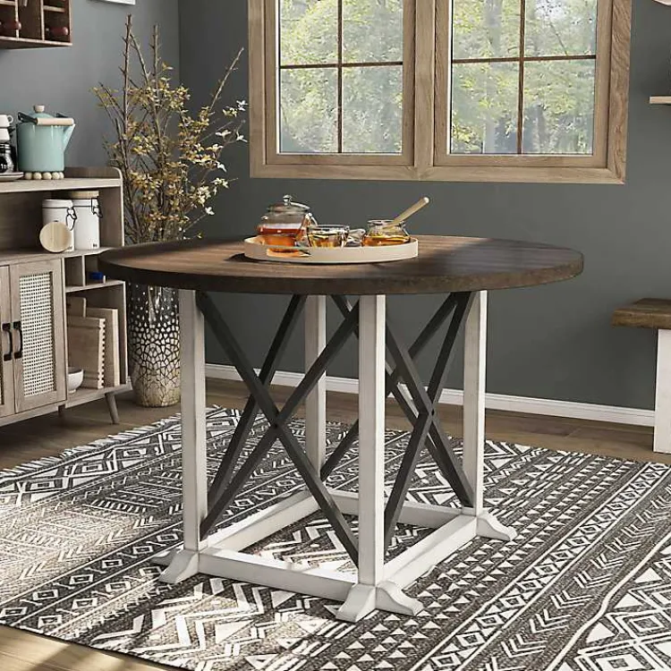 Dining Tables-Kirklands Home Rustic White & Oak Wood Round Dining Table Brown