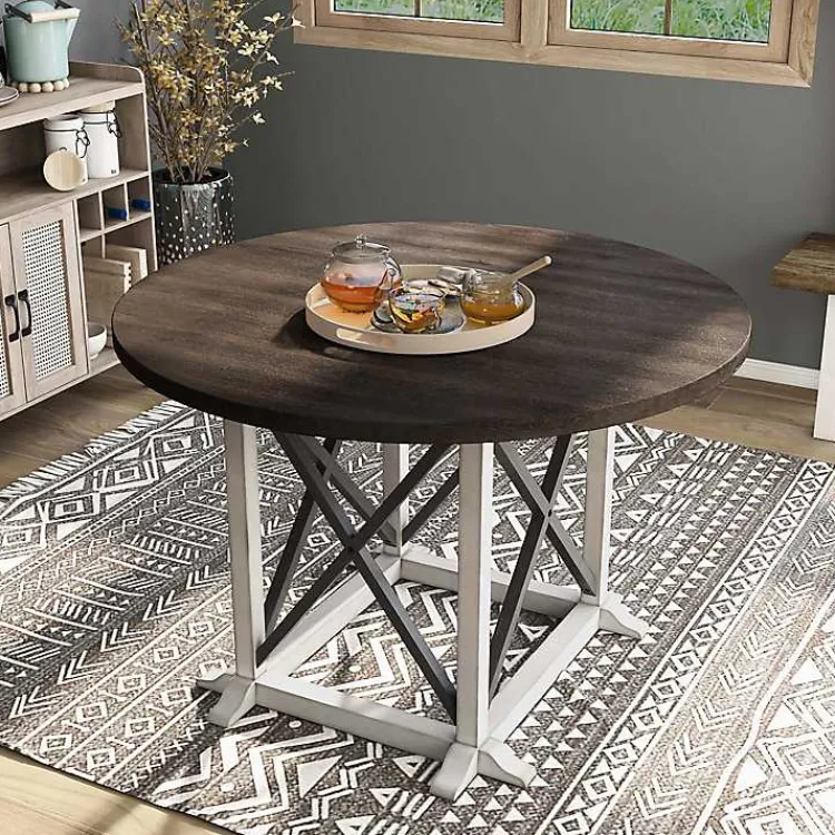 Dining Tables-Kirklands Home Rustic White & Oak Wood Round Dining Table Brown