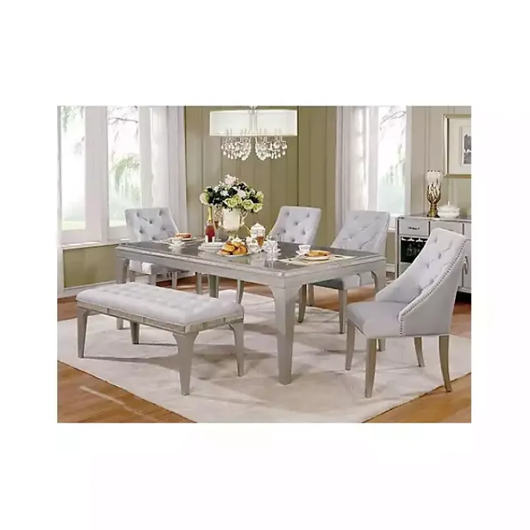 Dining Chairs-Kirklands Home Tufted Upholstered Silver Dining Bench Gray