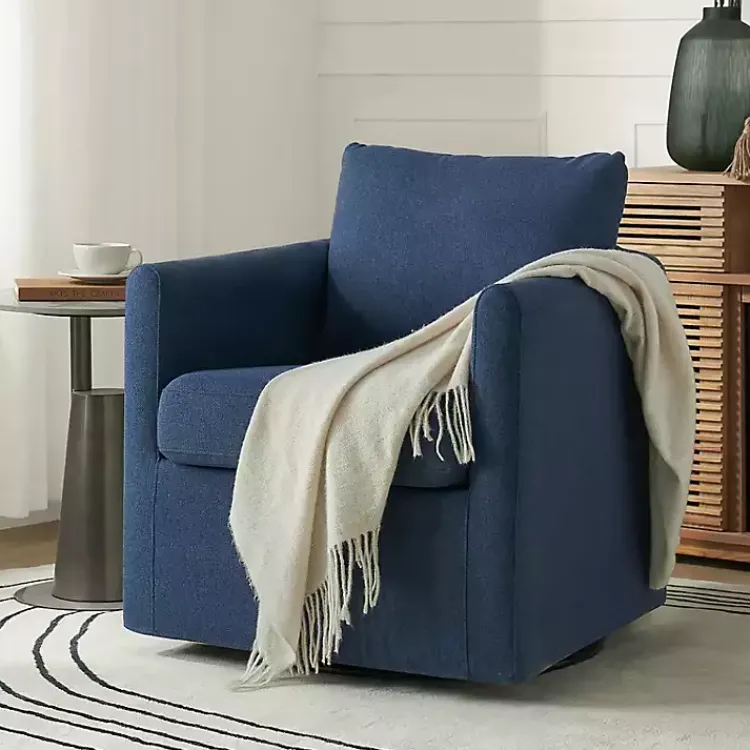 Accent Chairs-Kirklands Home Navy Upholstered Vasser Slipcover Swivel Chair Blue