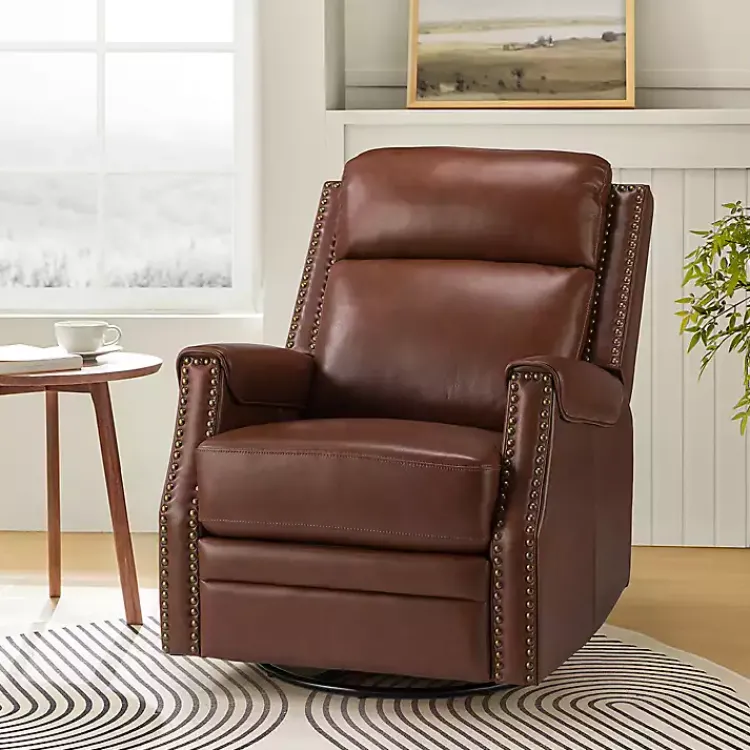 Accent Chairs-Kirklands Home Johanna Leather Swivel Power Recliner Brown