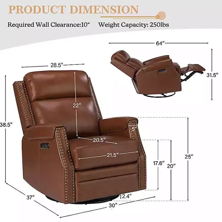 Accent Chairs-Kirklands Home Johanna Leather Swivel Power Recliner Brown
