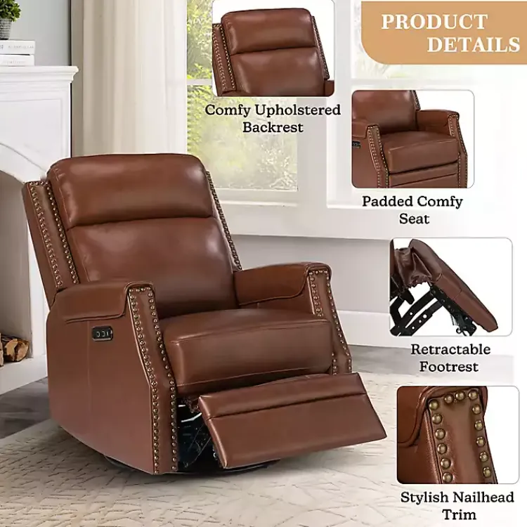 Accent Chairs-Kirklands Home Johanna Leather Swivel Power Recliner Brown