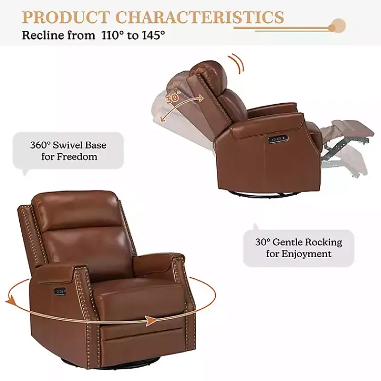 Accent Chairs-Kirklands Home Johanna Leather Swivel Power Recliner Brown