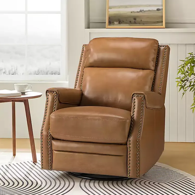 Accent Chairs-Kirklands Home Johanna Leather Swivel Power Recliner Tan