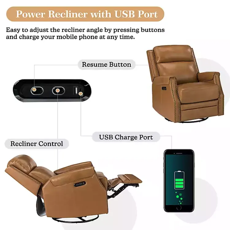 Accent Chairs-Kirklands Home Johanna Leather Swivel Power Recliner Tan