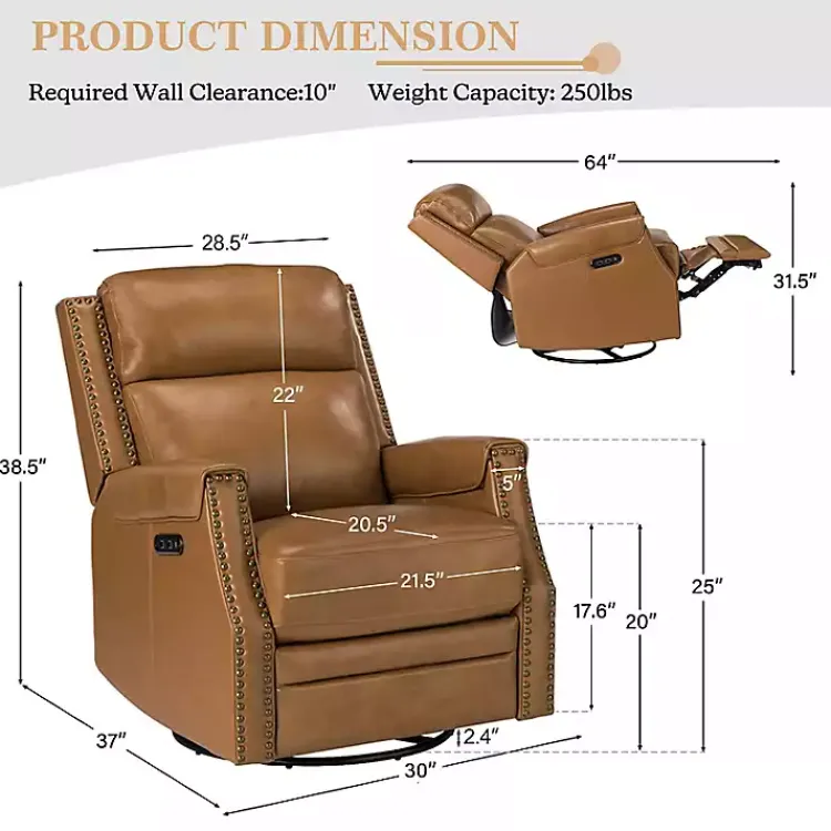 Accent Chairs-Kirklands Home Johanna Leather Swivel Power Recliner Tan
