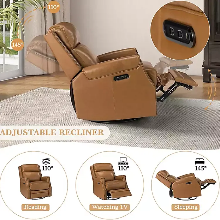 Accent Chairs-Kirklands Home Johanna Leather Swivel Power Recliner Tan