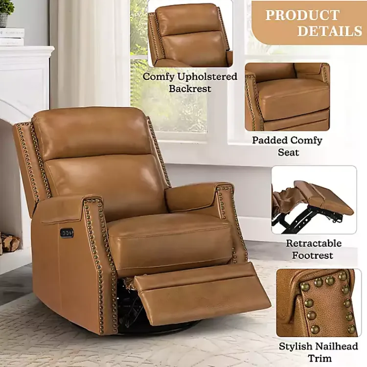 Accent Chairs-Kirklands Home Johanna Leather Swivel Power Recliner Tan