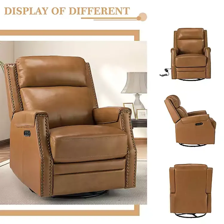 Accent Chairs-Kirklands Home Johanna Leather Swivel Power Recliner Tan