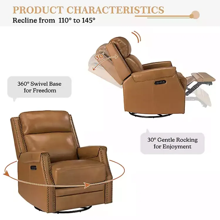 Accent Chairs-Kirklands Home Johanna Leather Swivel Power Recliner Tan