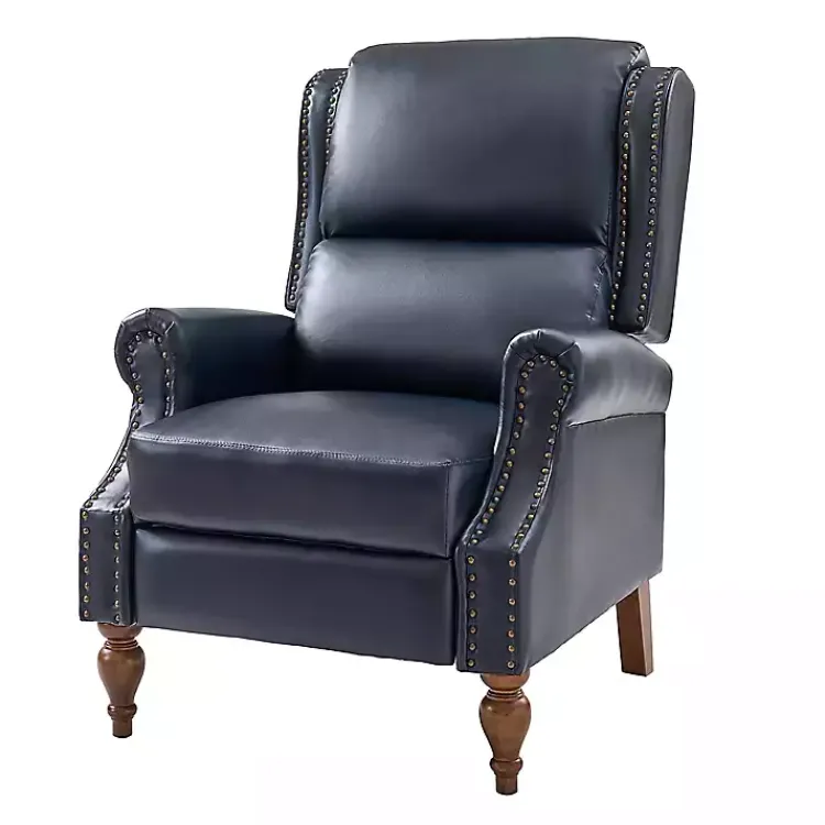 Accent Chairs-Kirklands Home Rosalie Navy Faux Leather Manual Recliner Blue