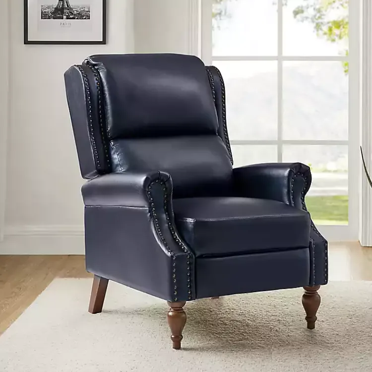 Accent Chairs-Kirklands Home Rosalie Navy Faux Leather Manual Recliner Blue