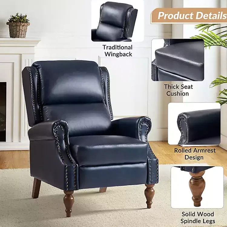 Accent Chairs-Kirklands Home Rosalie Navy Faux Leather Manual Recliner Blue