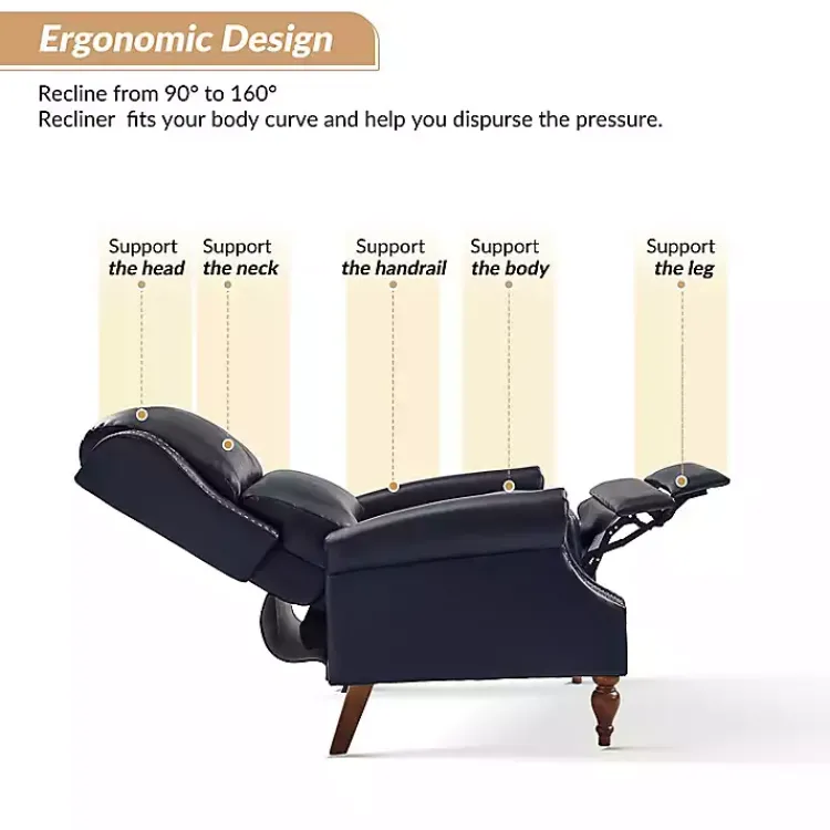 Accent Chairs-Kirklands Home Rosalie Navy Faux Leather Manual Recliner Blue