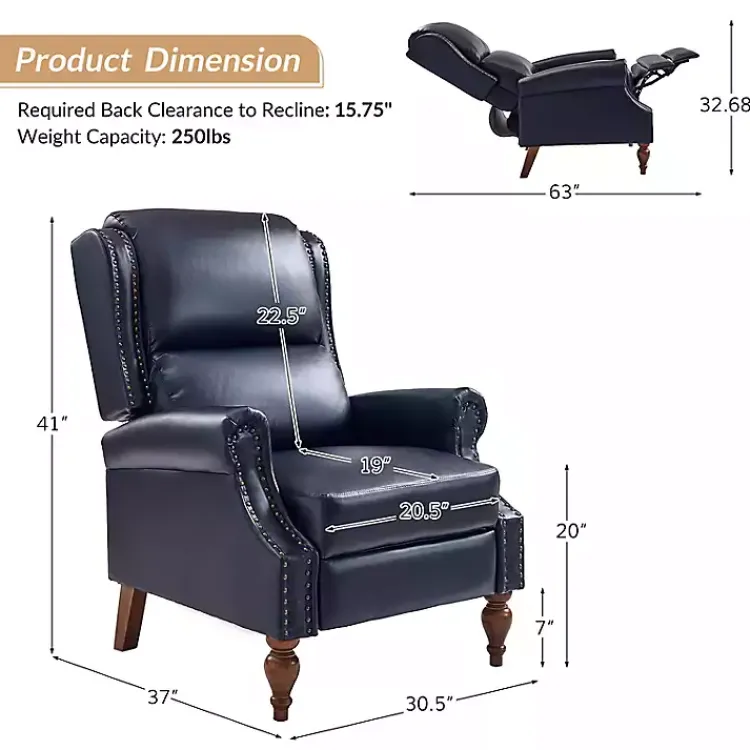 Accent Chairs-Kirklands Home Rosalie Navy Faux Leather Manual Recliner Blue
