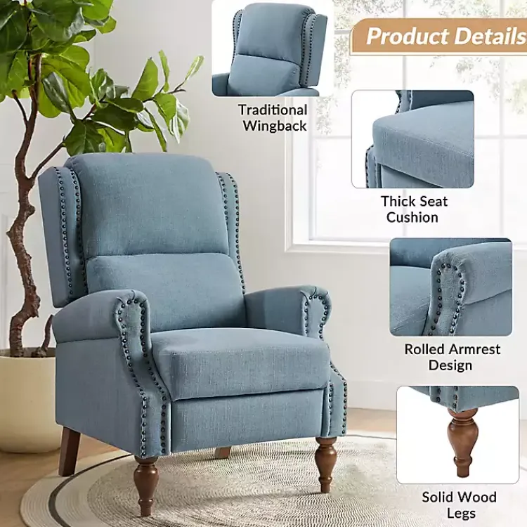 Accent Chairs-Kirklands Home Rosalie Upholstered Manual Recliner Blue
