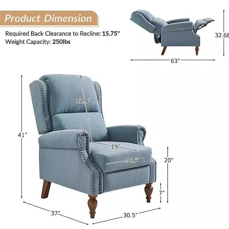 Accent Chairs-Kirklands Home Rosalie Upholstered Manual Recliner Blue