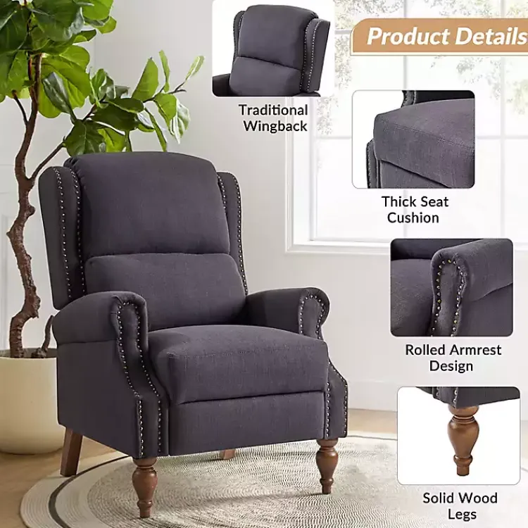 Accent Chairs-Kirklands Home Rosalie Charcoal Upholstered Manual Recliner Gray