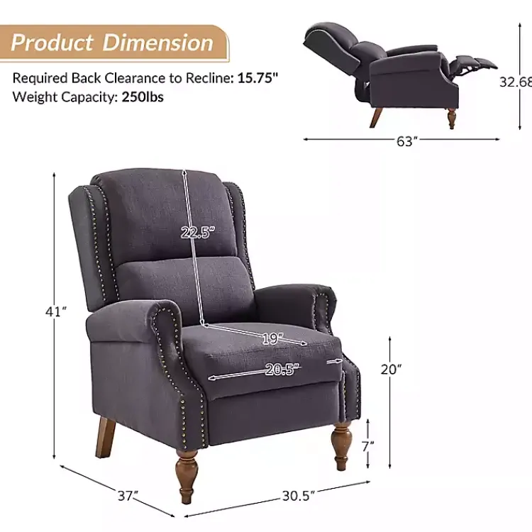 Accent Chairs-Kirklands Home Rosalie Charcoal Upholstered Manual Recliner Gray