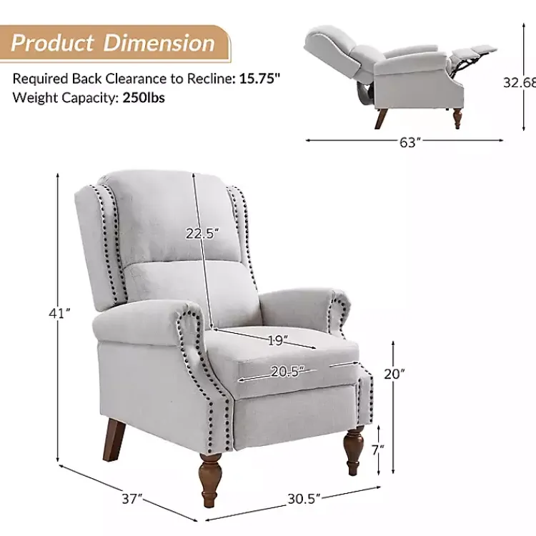 Accent Chairs-Kirklands Home Rosalie Oatmeal Upholstered Manual Recliner White