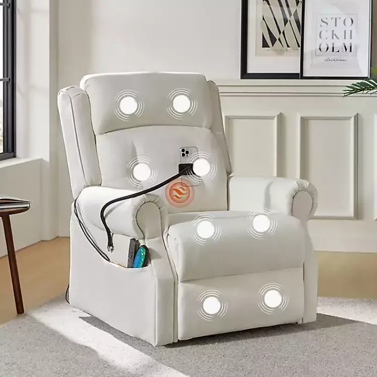 Accent Chairs-Kirklands Home Upholstered Lift Assist Massaging Recliner White