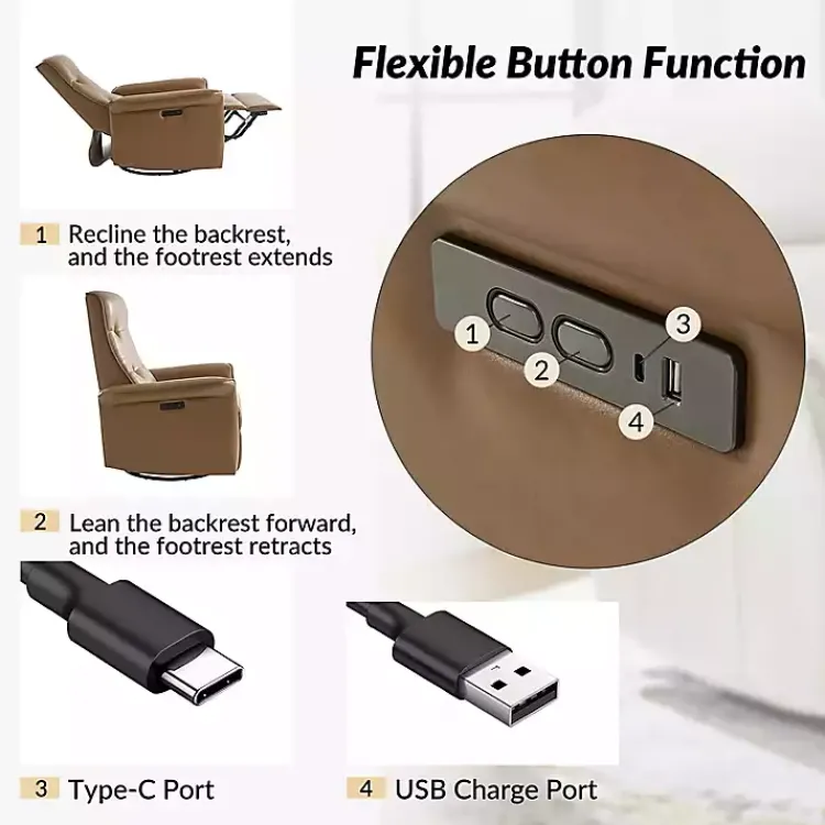 Accent Chairs-Kirklands Home Val Faux Leather Swivel Power Recliner Brown