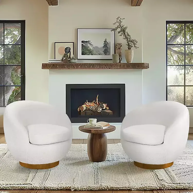 Accent Chairs-Kirklands Home Jessel Cream Sherpa Swivel Chair with Wood Base White