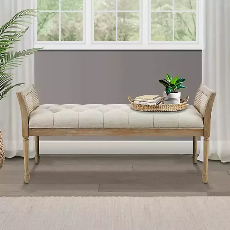 Benches & Ottomans-Kirklands Home Upholstered Cane Martha Stewart Isla Bench Tan