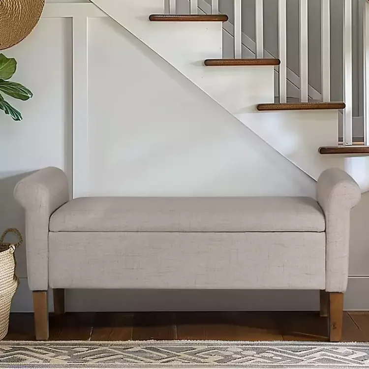 Benches & Ottomans-Kirklands Home Cream Upholstered Aubrey Storage Bench Tan