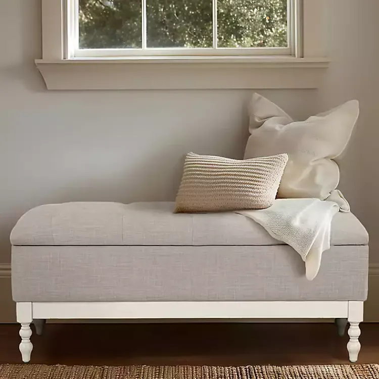 Benches & Ottomans-Kirklands Home Beckett White and Tufted Storage Bench Gray