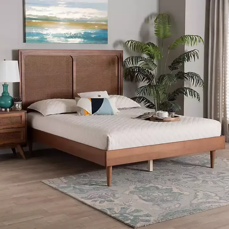 Beds & Headboards-Kirklands Home Walnut Rattan Amelia Queen Bed Brown