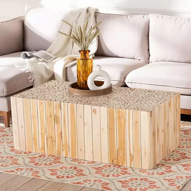 Coffee Tables-Kirklands Home Repurposed Wood Logs Recgle Coffee Table Tan