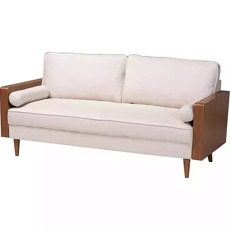 Sofas & Loveseats-Kirklands Home Beige Upholstered Harley Walnut Sofa Tan