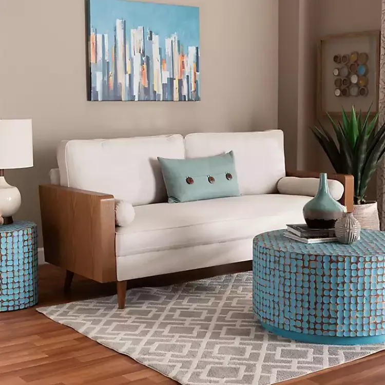 Sofas & Loveseats-Kirklands Home Beige Upholstered Harley Walnut Sofa Tan