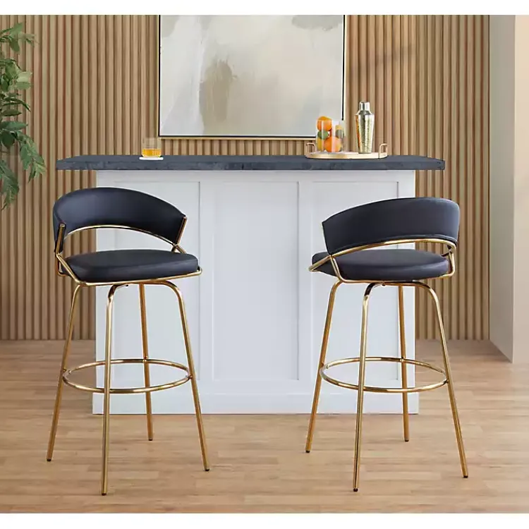 Bar Stools & Counter Height Stools-Kirklands Home Remy & Gold Swivel Bar Stools, Set of 2 Black
