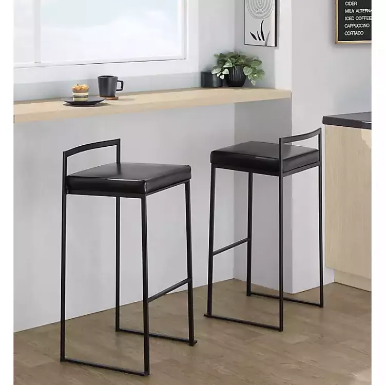 Bar Stools & Counter Height Stools-Kirklands Home Faux Leather Stackable Bar Stools, Set of 2 Black