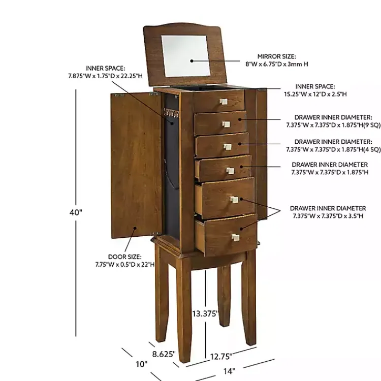 Dressers & Chests-Kirklands Home Walnut Wood 5-Drawer Zinnia Jewelry Armoire Brown